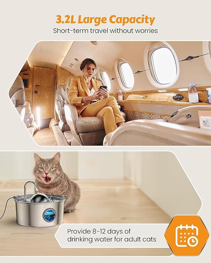 AONBOY Cat Water Fountain with Water Level Window, 108oz/3.2L Cat Fountain Stainless Steel, 6Filters + 3Sponge Filters, Faucet Shape Dog Water Fountain, Double Noise Reduction Design, Multi Filtration