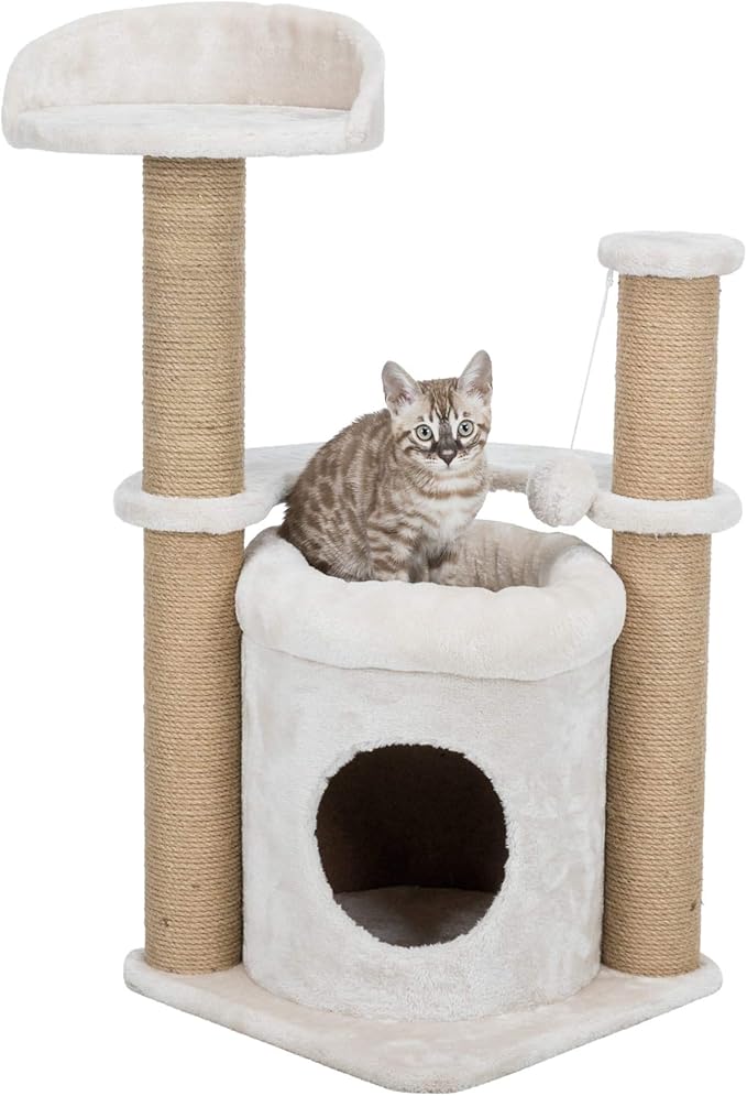 TRIXIE Nayra Cat Scratching Post 32.7 Inch - with Jute-Wrapped Post and Large Condo & Dangling Cat Toy - in Greige-Brown