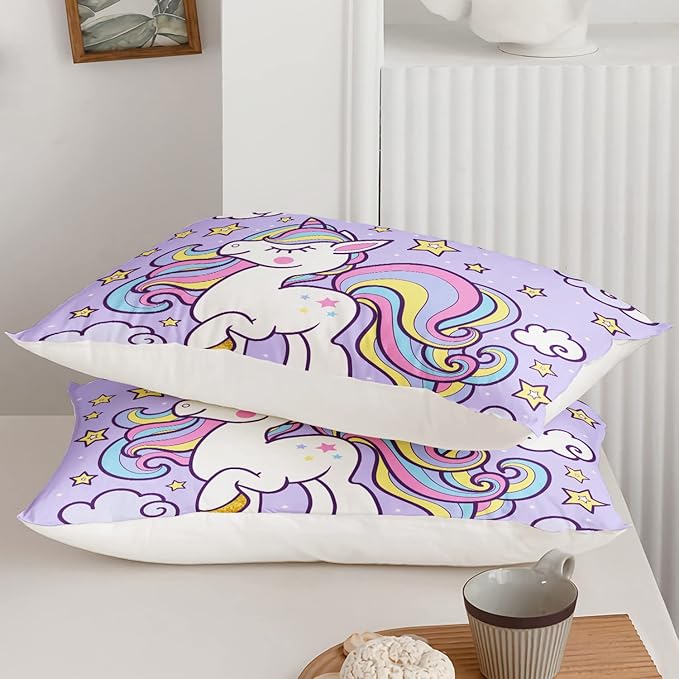 Axolotl Rainbow Unicorn Bedding Set Queen,Purple Unicorn Kids Comforter Sets with Stars Cloud for Girls,1 Quilt with 2 Pillowcases for Girls Kids Teens Children Adults Bedroom Decor All Season
