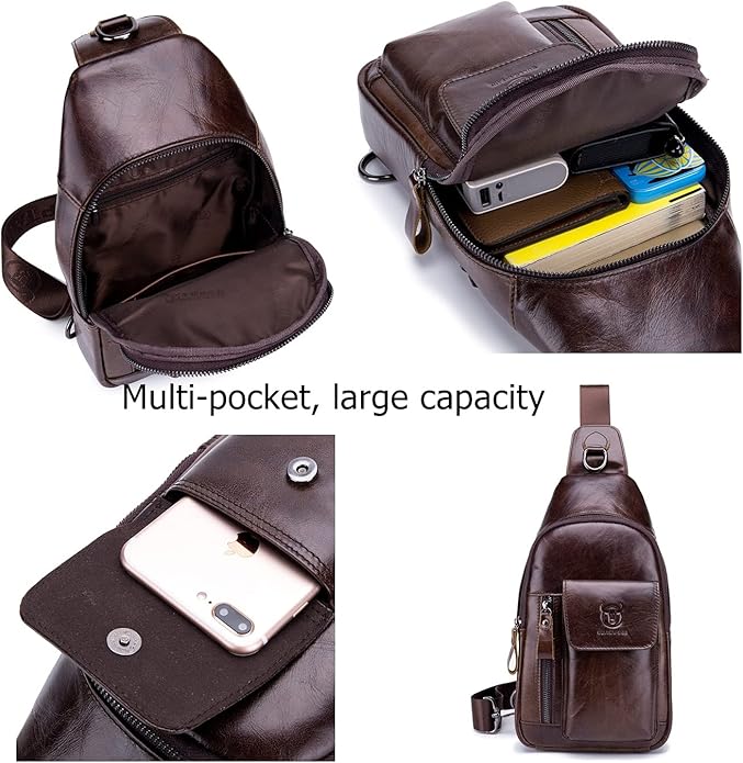BULLCAPTAIN Mens Genuine Leather Sling Crossbody Bag Travel Casual Multi-pocket Chest Bag Hiking Backpacks