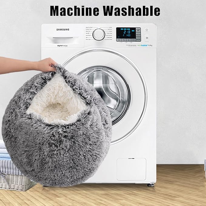 Round Hooded Cat Bed & Dog Bed with Cover Cave, Dog Bed for Small Dogs, Faux Fur Cuddler Round Coved Cat Bed Self Warming Donut Dog Bed Fits up to 22 lbs Pets (Gray, 24inch x 24inch)