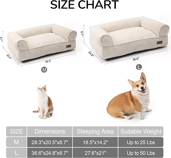 FUKUMARU Cat Couch Bed, Corduroy Cozy Cat Bed for Indoor Cats with Removable Washable Cover, Supportive Anti-Slip Dog Beds Sofa for Small Dogs Cute, 27inch, Medium, Cream