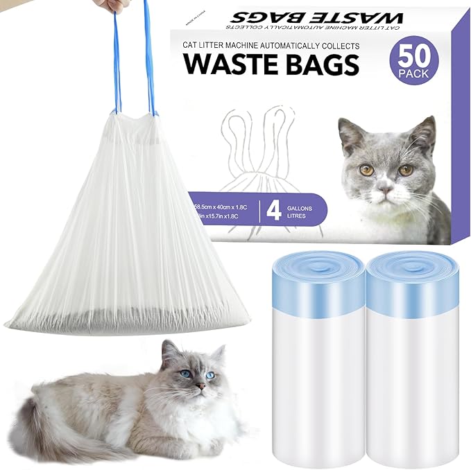 50 PCS Self Cleaning Cat Litter Box，Drawstring Cat Litter Box Liners，Scoop Free Automatic Cat Litter Box Extra Large Litter Box measures 23" x 15.7"