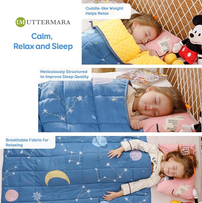 Uttermara Weighted Blanket 7 lbs, Ultra Cozy Minky Fleece and Cotton Sided with Cartoon Patterns, Reversible Heavy Blanket Great for Sleeping, 36x48 inches, Blue Star Moon