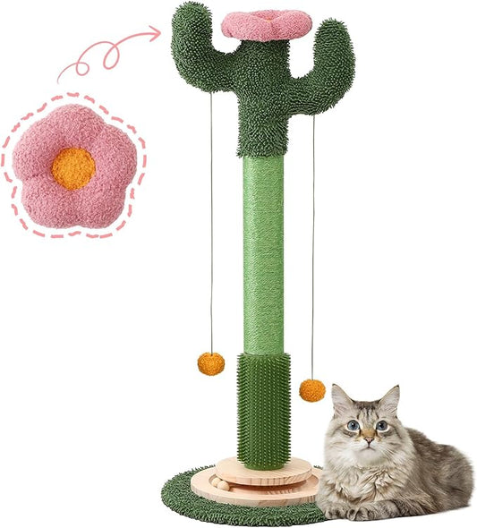 37.8" Tall Cat Scratching Post, Cactus Flower Cat Scratch Post with Natural Sisal Rope, Ball Track and Self Groomer Brush, Cute Cat Scratching Posts for Indoor Cats Adults and Kitten
