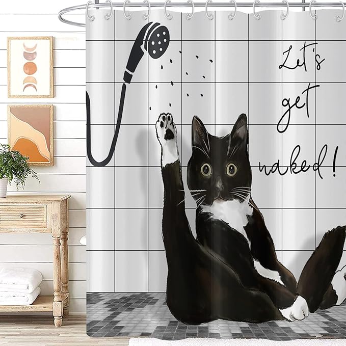 Black Cat Shower Curtain, Funny Kitty Animal Get Naked Plaid Machine Washable Waterproof Durable Fabric for Bathroom Decor Bathtub with 12 Hooks 72x72