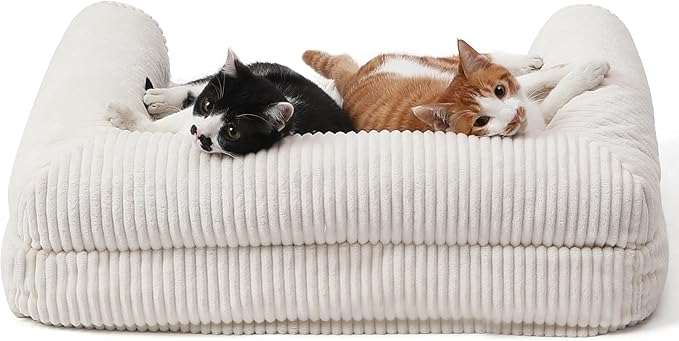 FUKUMARU Cat Couch Bed, Corduroy Cozy Cat Bed for Indoor Cats with Removable Washable Cover, Supportive Anti-Slip Dog Beds Sofa for Small Dogs Cute, 27inch, Medium, Cream