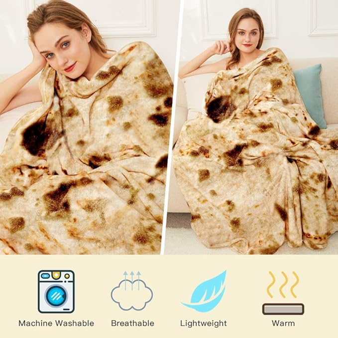 Burrito Tortilla Throw Blanket,2.0 Double Sided Burritos Taco Tortilla Wrap Blankets,Giant Funny Realistic Flannel Food Round Blankets,Funny Gifts for Kids Newborn Toddler Dog Cat Baby Shower 47in