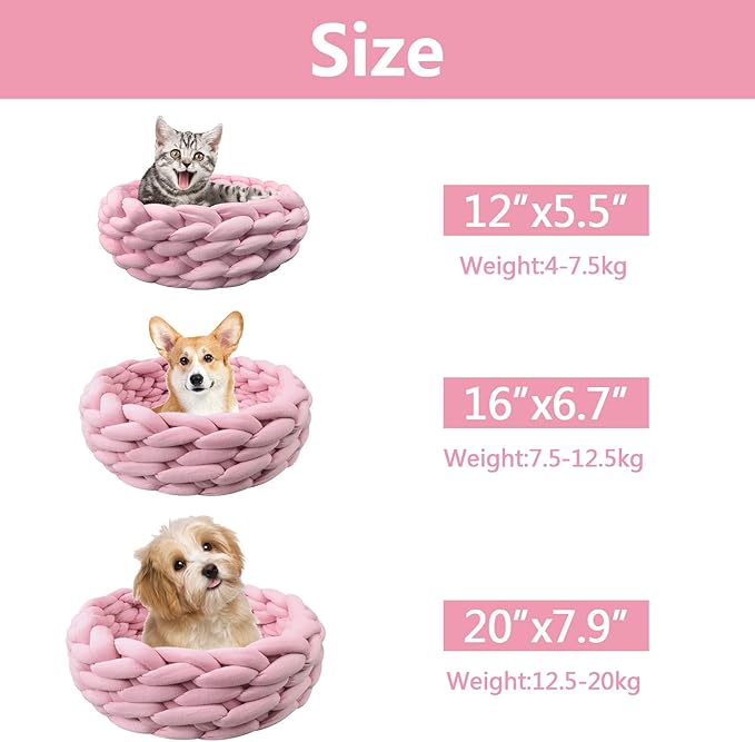 Lucky Monet Cat Basket Bed Cotton Knitted Round Pet Beds for Cats Cute Boho Cat Pet Bed Warm Woven Cat Nest for Puppy Kitten Cats Dogs (11.8", Pink)