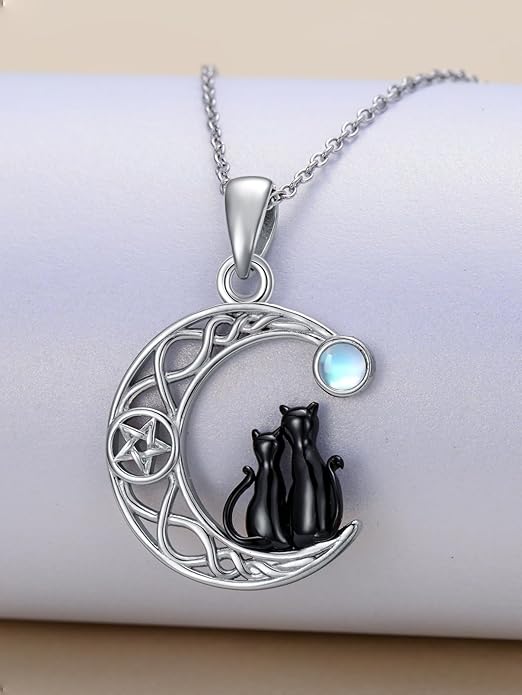 Black Cat/Dragon/Fox/Wolf Necklace 925 Sterling Silver Celtic Moon Pentagram Pendant Gothic Jewelry Goth Halloween Gifts for Women