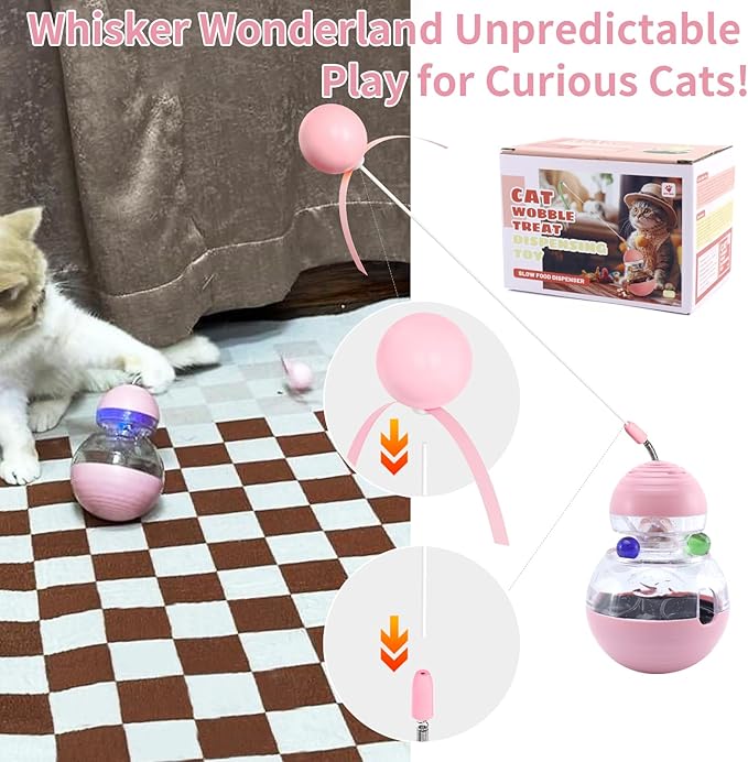 Cat Interactive Toy Indoor, Cat Treat Dispensing Toy, Slow Feeder Puzzle Toy for Cats, Food Dispensing Ball for Pets, Fun Interactive Enrichment Wand Toy for Cats