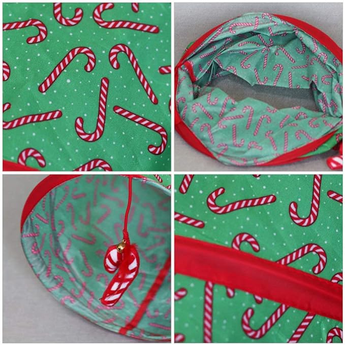 Christmas Cat Tunnel Collapsible Kitty Tunnel Candy Cane Pattern Pet Indoor Toys for Cat Kitten Rabbit