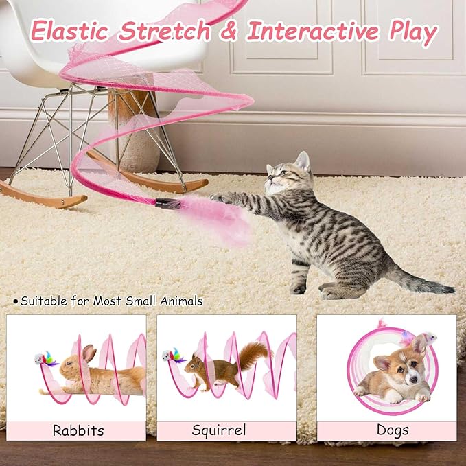 Cat Tunnel, 1PCS Folded Cat Tunnel Toy, Pink Mice Tube Cat Springs for Indoor with Feather, Mouse Toys Interactive Cat Toy Tunnel Self-Happy Cat Toys, S-Type Collapsible Tent