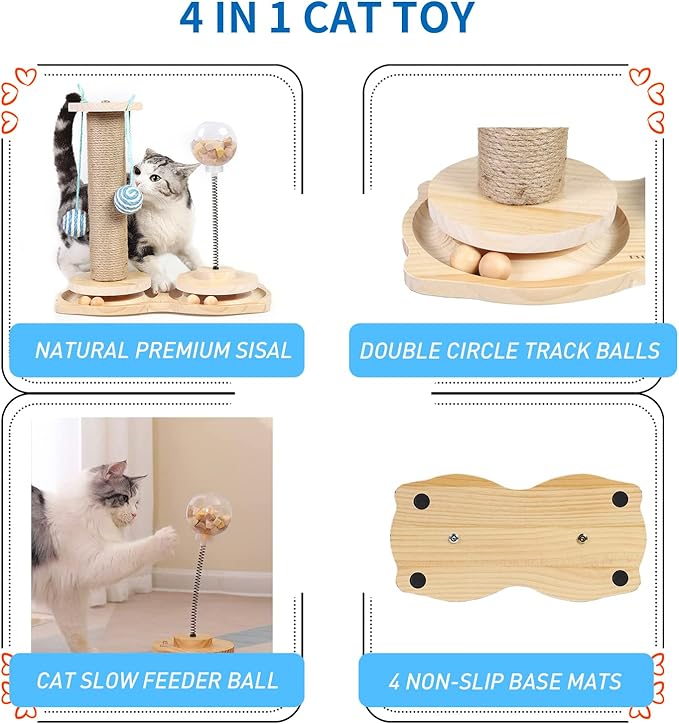 Marchul 4 in1 Interactive Cat Toy, Natural Sisal Cat Scratching Post with Hanging Balls, Cat Toys with Roller Track Ball by Wooden, Cat Food Feeder Toy with Treat Ball for Indoor Cats and Kittens