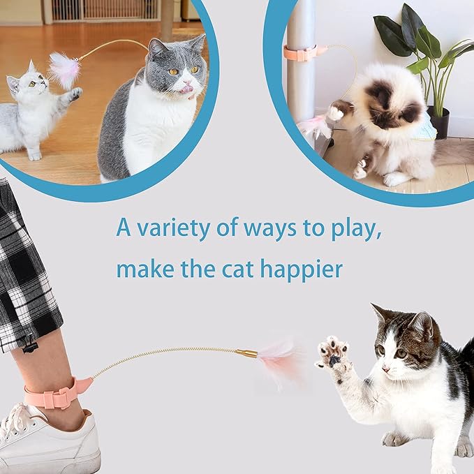 Cat Collar Funny Cat Stick,Interactive Cat Feather Toys with Bell,Pink Spring Cat Teaser Stick Toy, Used for Cat Indoor Play, Suitable for Old Kittens and Kittens to Exercise