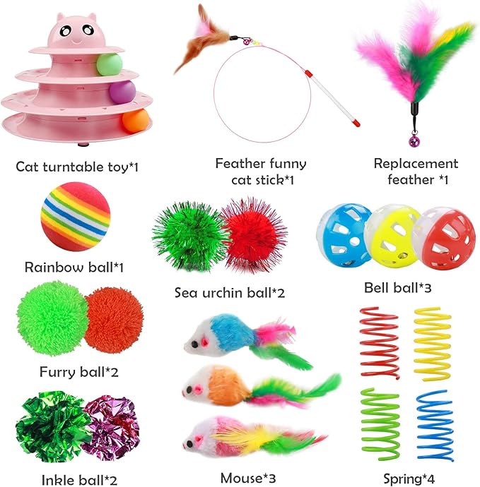 UPSKY 20 PCS Cat Toys, Cat Roller Toy 3-Level Turntable Cat Toys Balls for Indoor Cats, Kitten Toys Set with Cat Teaser Toys, Mice Toys, Spring Toys, and Various Ball Toys.