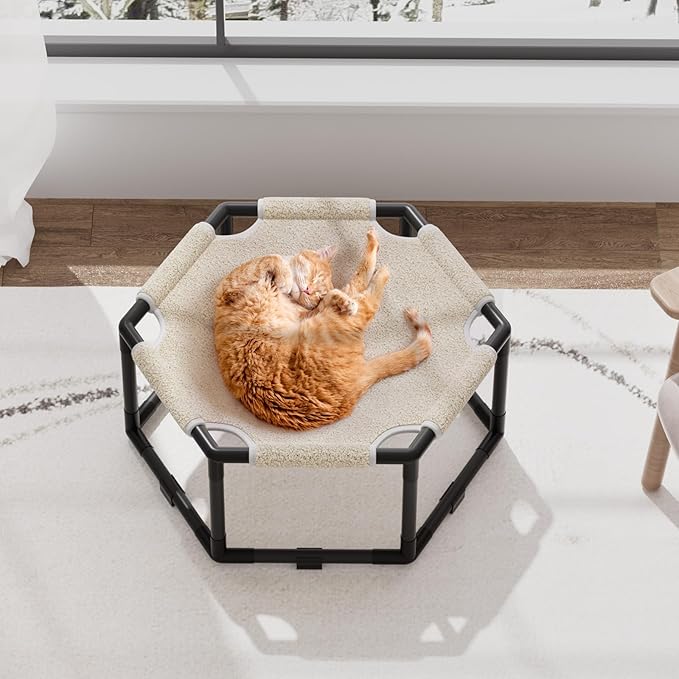 Tresbro Cat Bed, Hexagon Warm Elevated Cat Bed with Thick Teddy Velvet & Anti-Slip Pads, Raised Cat Hammock Bed for Indoor and Outdoor Use, 23.6'' x 10.6'' x 12'' Cat Hammock for Large to Small Cats
