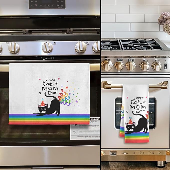 Birthday Gift for Cat Moms-Cute Kitchen Towel with Party Hat Kitty & Confetti Design,Quick-Drying Decorative Hand Towel for Kitchen & Bathroom Decor,Funny Feline Lover Accessories for Crazy Cat Ladies