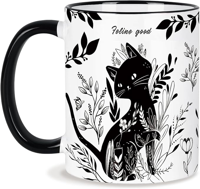 Black Cat Mug 11 Oz Black and White Boho Cats Coffee Mug,Birthday Gifts, Graduation Gift Mothers Day Gifts for Cats Lovers Women,Friends,Mom,Grandma Ceramic Coffee Mugs Microwave & Dishwasher Safe