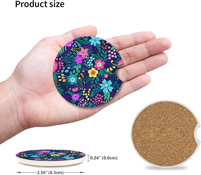 Blue Flowers Car Coasters for Drinks Absorbent,2 Pack Cup Holders,2.56" Ceramic Stone & Non-Scratch Cork Base Coasters,Auto Accessories for Women & Men.