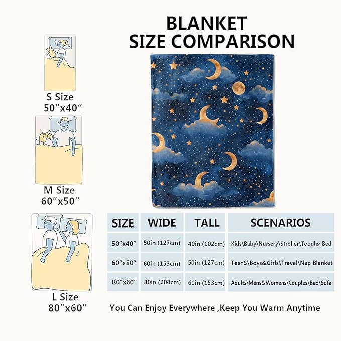 Moon Cloud Stars Blanket Dreamy Night Sky Throw Blankets Gifts for Girls Boys Adults Lightweight Soft Fleece Cozy for Sofa Couch Bed Room Travel Birthday Party Decor 60x80in