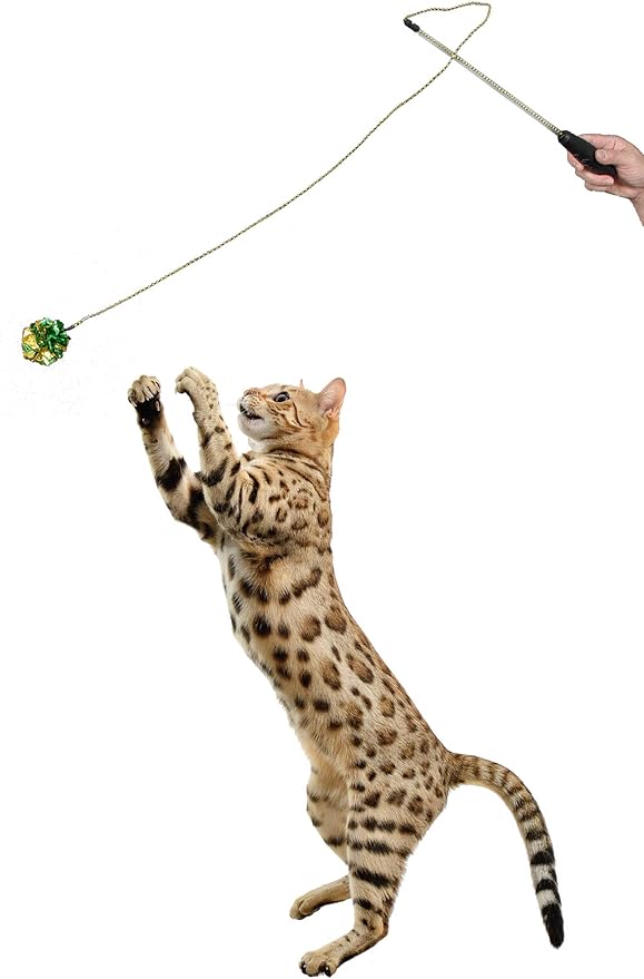 RompiCatz Adjustable Retractable String Wand and Interactive Cat Toy, Crinkle Balls