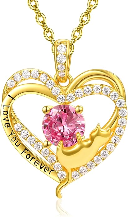 Birthstone Cat Necklaces,925 Sterling Silver Cat Necklace Heart Pendant for Women,Dainty Animal Jewelry for Her,Wedding Anniversary Birthday Gifts for Women Mom Grandma