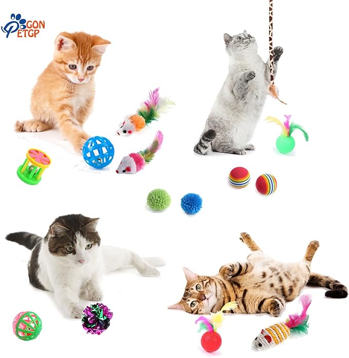 Cat Toys for Indoor Cats, Kitten Toys Set, Collapsible Pet Tunnel Cube Tent Toys, Interactive Cat Feather Teaser Wand Cat Bell Balls Fuzzy Ball Springs Mouse Toys for Cat Kitty (Black)