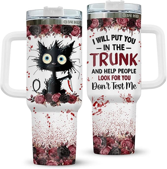34HD Crazy Cat Tumbler with Lid & Straw, 40 oz Stainless Steel Vacuum Insulated Put You In The Trunk Mug, Funny Gifts for Cat Lover Women Men, Black Kitty Gifts for Birthday Halloween Christmas