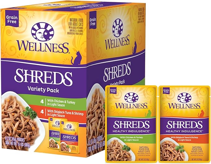 Wellness Healthy Indulgence Shreds Grain-Free Wet Cat Food, Made with Natural Ingredients and Quality Proteins, Complete and Balanced Meal, 3 oz Pouches (Shreds Variety Pack, 8 Pack)