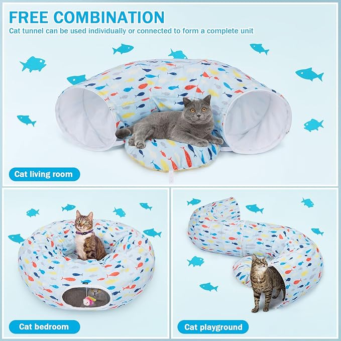 Ownpets Large Cat Tunnel Bed for Indoor Cats, Soft Plush Cat Donut Tunnel with Washable Cushion, Cute Peekaboo Cat Cave for Cat, Puppy, Rabbit, Blue