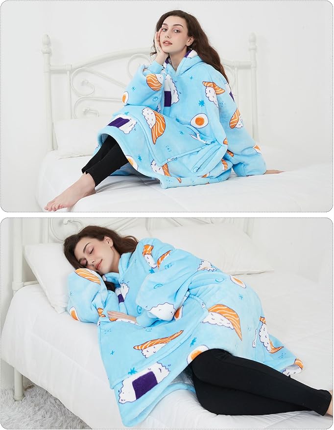 KFUBUO Wearable Blanket Hoodie for Adults Sherpa All Patterns Sushi Oversized Sweatshirt Blanket with Pockets Cute Birthday Gifts for Women
