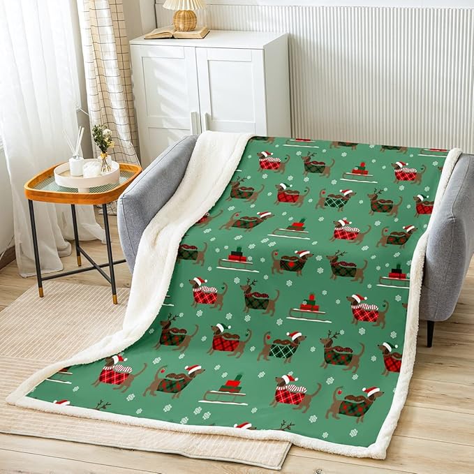 Erosebridal Dachshund Gifts - Christmas Throw Blanket, Sausage Dog Fleece, Cute Puppy Doggie Sherpa, Animal Pet Theme, Green Xmas Bedroom Decoration