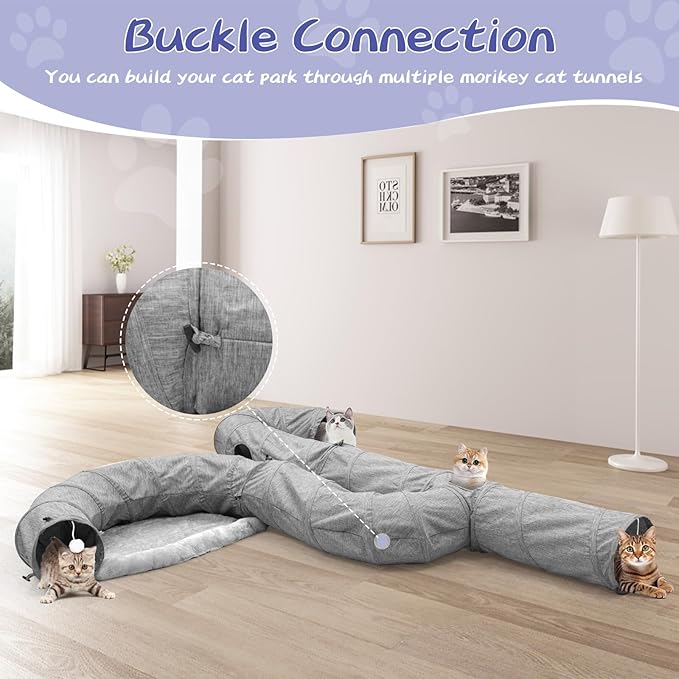 Cat Tunnel, Collapsible h-Shape Cat Tunnel Sturdy Oxford Fabric for Indoor Cats,Interactive Hanging Ball Pet Tunnel Tube with Cat Teaser Stick (Grey)