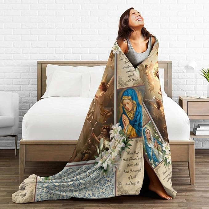Virgin Mary Blanket for Woman Retro Christian Throw Blanket Religious Virgin Mary Decor Stuff Merch Cozy Flannel Fleece Fuzzy Warm Soft Plush Lightweight Bedding Virgin Mary Gifts for Girls 50"X40"