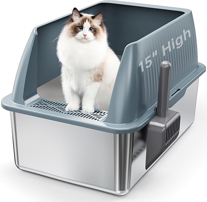 15" XL Stainless Steel Litter Box for Cats, Enclosed Metal Litter Box with Lid, Extra Large Kitty Litter Box with High Sides for High Peeing Cat, Easy to Clean, Non-Sticky, Including Scoop