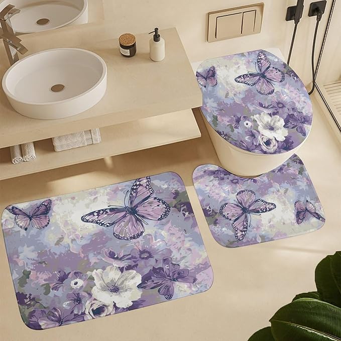 Brebasf Abstract Beautiful Animal Butterfly Shower Curtain Set Bathroom Set Decorative Minimal Rustic Watercolor Boho Purple Floral Butterfly 4 Piece Shower Curtain, Toilet Cover, U-Mat, Floor Mat
