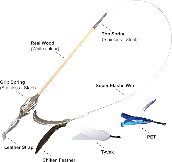 CurioSpring Super Elastic Wire Cat Toy, Effective Spring Grip, White Color Real Wood with 3 Attachments, Durable Cat Teaser Wand, Made in Japan