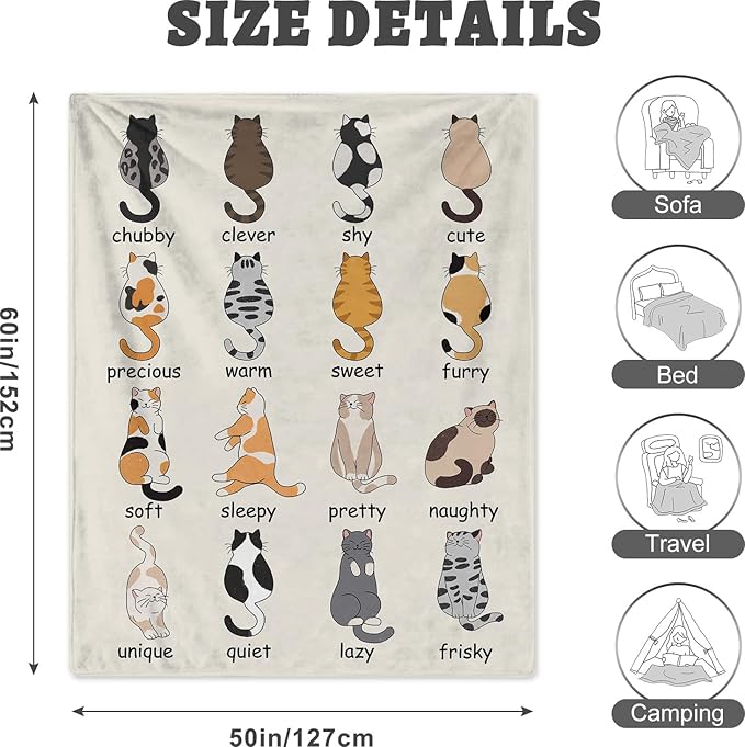 Cat Blanket, Funny Cat Gifts for Cats Lovers, Kitten Lovers Gifts for Women Girls Kids Adults, Cats Themed Throw Soft and Cozy Comfortable Warm Blankets 50" x 60"