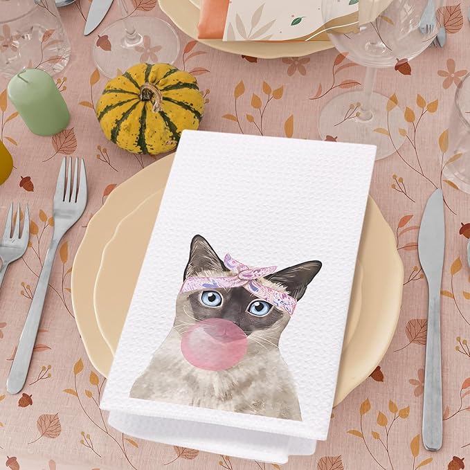 SPBL&L Funny Siamese Cat Kitchen Towels, Cat Dish Towels for Kitchen, Cat Hand Towels for Bathroom Kitchen, Cat Kitchen Towels Gifts for Cat Lovers Women, Siamese Cat Gifts, 16x24 Inches, White