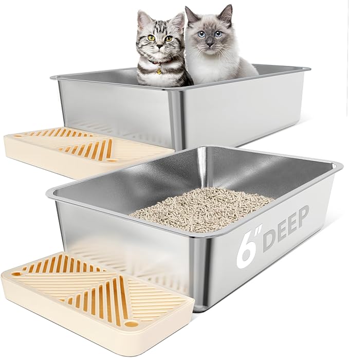 2 Pack 23.6"x16"x 6" Extra Large Stainless Steel Litter Box, XL Cat Litter Box with High Sides for Big Cat & Multiple Cats, Metal Cat Litter Pan Tray, Easy to Clean, Non-Stick, Rust Proof