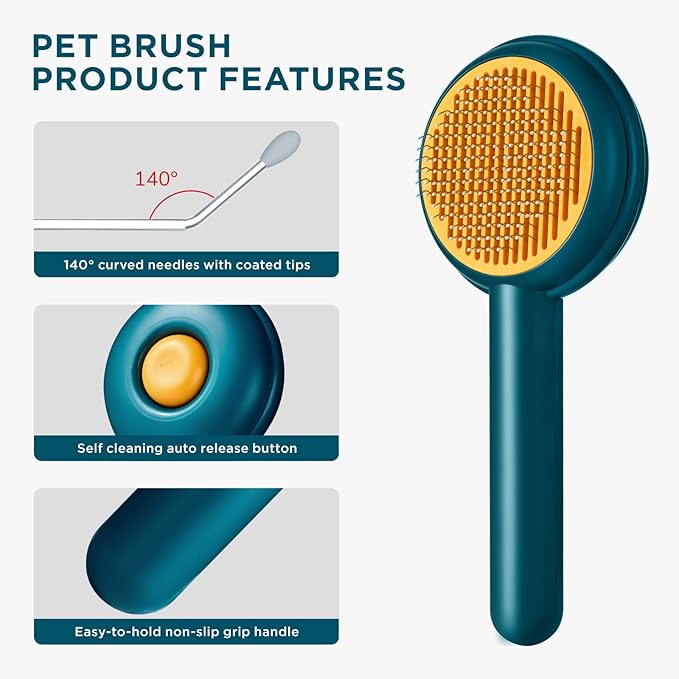 HICC GROOM! Grooming Brush for Pets, Self Cleaning Cat Brush with Release Button, Shedding Brush for Short or Long Haired Cats/Dogs/Rabbits, Massage Removes Loose Fur, Tangles (Blue)