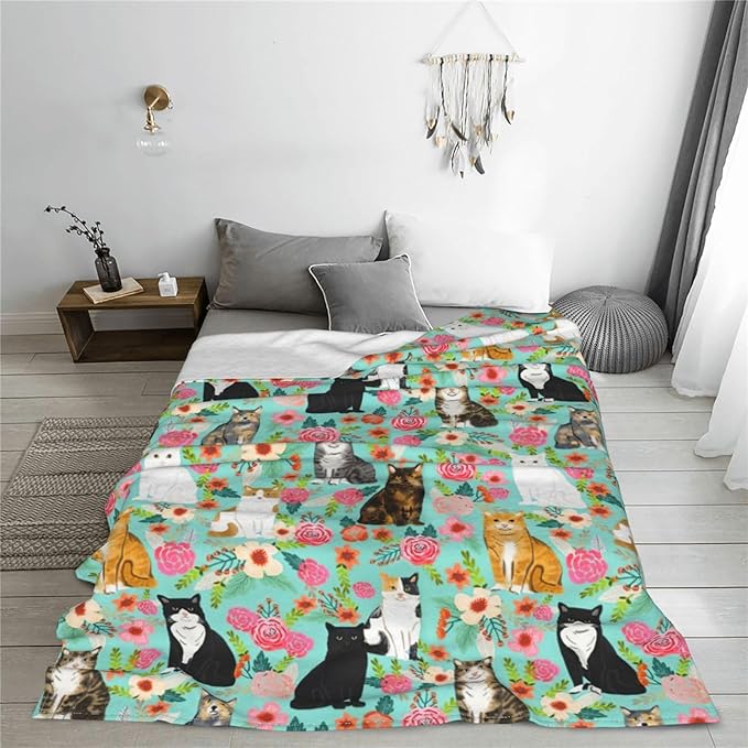 Cat Blanket Gifts for Girls Women Cute Cats Flowers Flannel Fleece Throw Blanket Soft Plush Lightweight Warm Fuzzy Teal Blanket for Cat Lovers Decor Bed Couch Living Room for Kids 50"X60"