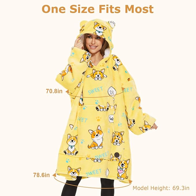 THREE POODLE Wearable Blanket Hoodie for Women, Oversized Sherpa Sweatshirt Blanket for Adults Men, Warm Cozy Corgi Hooded Blanket, Gifts for Mom Girlfriend Sister