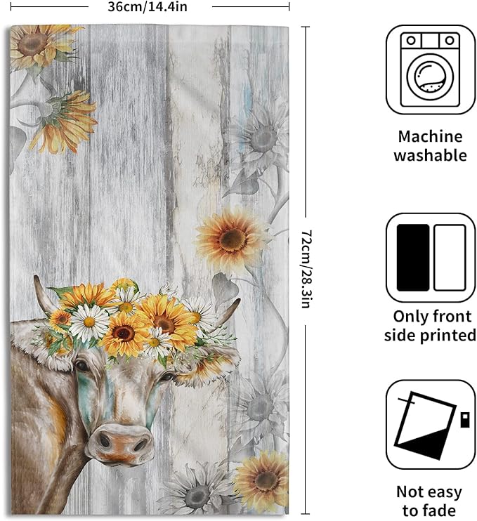 Vintage Sunflower Hand Towel Set of 2 Farm Cow Face Towels Cotton Soft Absorbent Kitchen Dishcloth Washcloths for Bathroom Home Gym