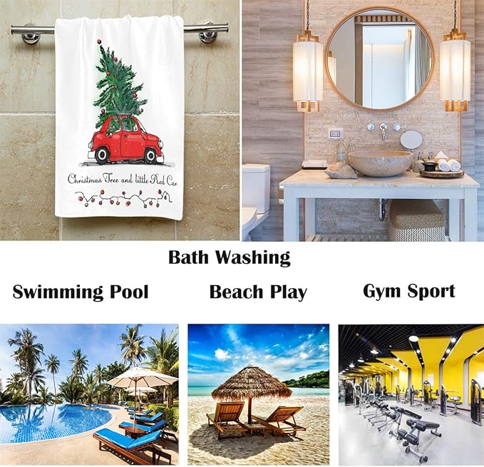 Vintage Red Truck Christmas Tree Hand Towels 16x30 in Bathroom Towel, Winter Snowflake Lantern Ultra Soft Highly Absorbent Small Bath Towel Merry Christmas X-mas Bathroom Decor Gifts