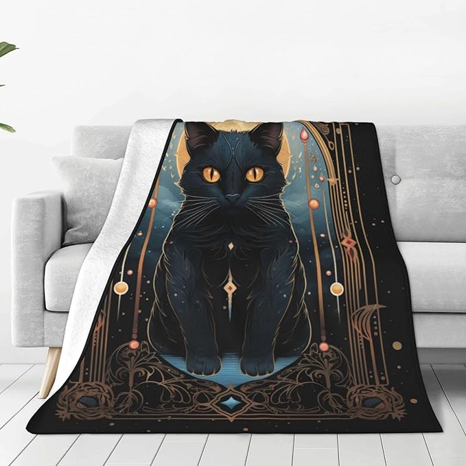 Tarot Card Moon Black Cat Blanket Pagan Witchcraft Theme Cat Print Blanket for Mom Girls Women Flannel Soft Warm Cozy Fuzzy Throw Blankets for Bed Sofa Decor Valentine Day Gifts 50"x60"