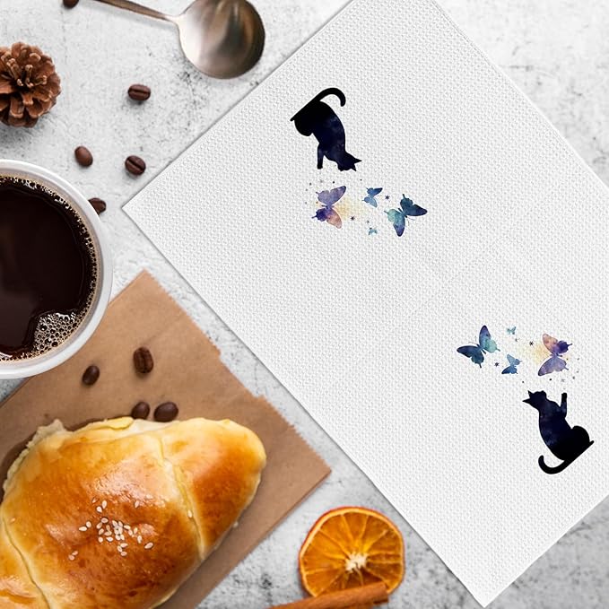 Black Cat Butterfly Kitchen Towels and Dishcloths Set of 2, Funny Cat Themed Dish Towels, Preppy Decorative Hand Tea Towels for Bathroom Kitchen, Gifts for Cat Lovers and Women, 16×24 Inches