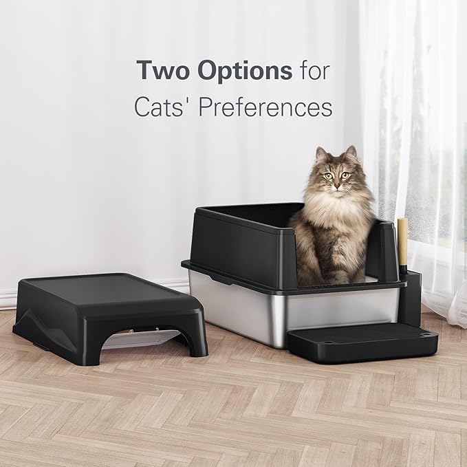 Barhon Stainless Steel Litter Box with Lid, Covered Cat Litter Box for Big Cat, Extra Large Enclosed Metal Litter Box with High Sides, Removable Lid, Non-Sticky, Easy to Clean (Black)