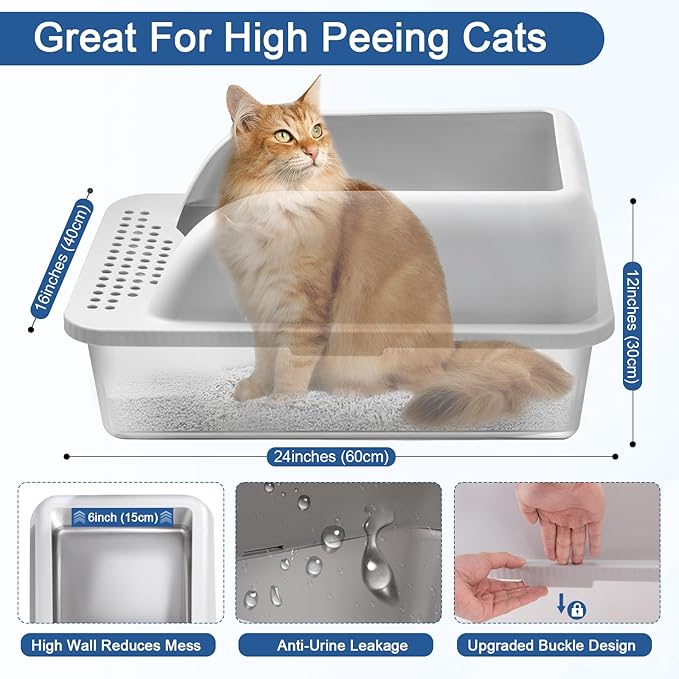 2 Pack Extra Large Stainless Steel Cat Litter Boxes, High Sides Metal Cat Litter Box for Multi-Cats Big Cats XL Metal Litter Pan Tray, Non-Sticky, Easy Cleaning（Gray）